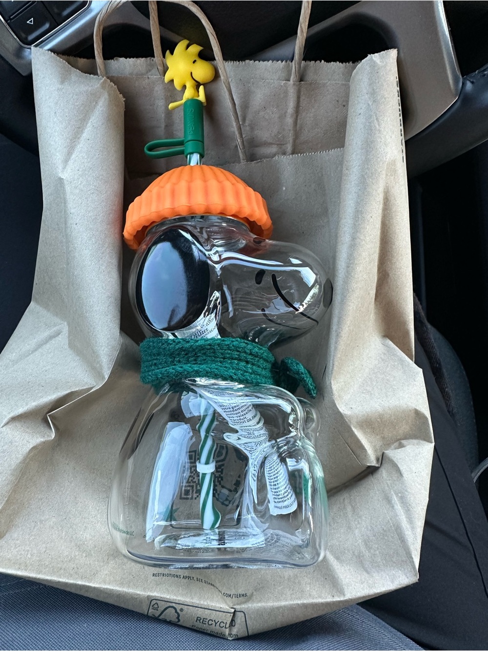 Starbucks Snoopy Figure tumbler with Orange Hat and Green Scarf